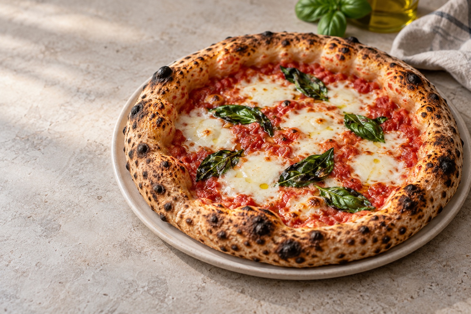 Illustrative food photograph of Neapolitan-style pizza with tomato, mozzarella and basil